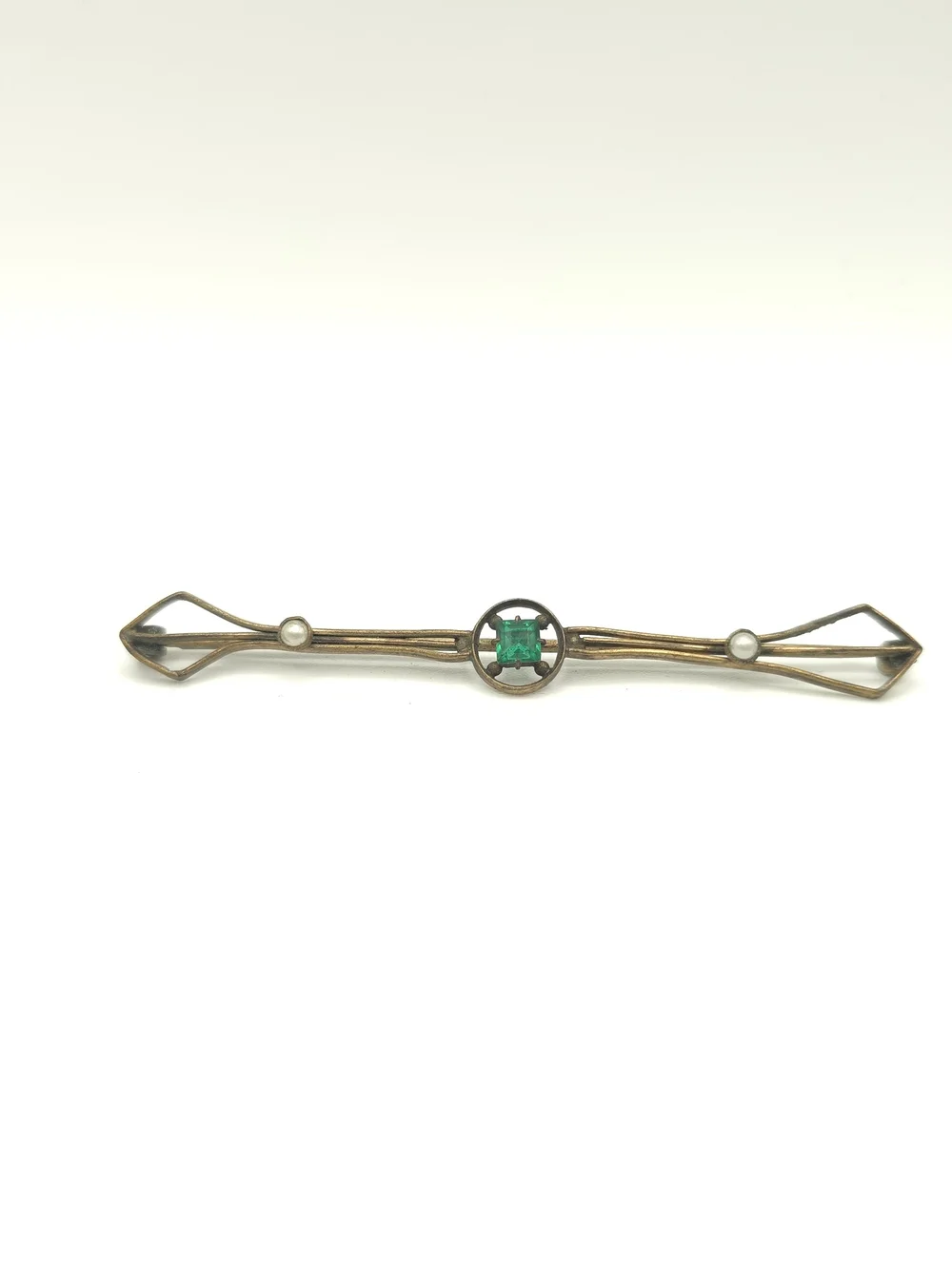 Antique Bar Brooch Gold Tone Green Stone Faux Pearl Edwardian Art Deco 2-7/8